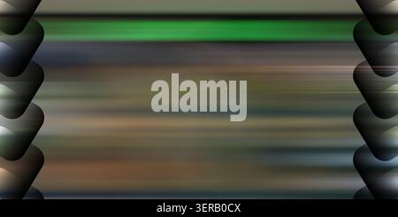 Un fond abstrait avec flou de mouvement horizontal mêlant les tons vert et terre sombre, encadré par la répétition de formes géométriques sombres sur les côtés. Banque D'Images