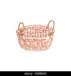 Panier en osier tissé aquarelle isolé sur fond blanc. Récipient de stockage rustique peint à la main avec texture naturelle, adapté à la pépinière Banque D'Images