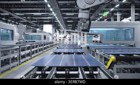 Usine de panneaux solaires avec bras robotisés plaçant des modules PV sur des lignes d'automatisation. Banque D'Images