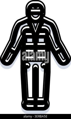 Robot humanoïde portant un costume futuriste, stylisé comme une icône avec des contours noirs épais et des détails intérieurs blancs, créant une technologie, une science, un Illustration de Vecteur