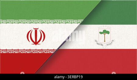 Double drapeau de l'Iran et de la Guinée équatoriale sur la texture du tissu. Drapeau de l'Iran et de la Guinée équatoriale - illustration 3D. Deux drapeaux ensemble - texture de tissu Banque D'Images