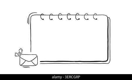 Cadre de page de cahier de doodle dessiné à la main, enveloppe de courrier et coeurs dessin minimal de bordure de dessin au trait Banque D'Images
