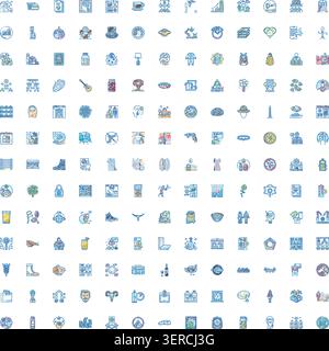 Grande collection de diverses icônes de dessin au trait illustrant des concepts liés aux affaires, à la communication mondiale, à la technologie, à la nourriture, aux voyages, et lif. tous les jours Illustration de Vecteur