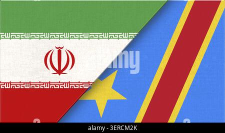 Double drapeau de l'Iran et de la Guinée équatoriale sur la texture du tissu. Drapeau de l'Iran et de la Guinée équatoriale - illustration 3D. Deux drapeaux ensemble - texture de tissu Banque D'Images