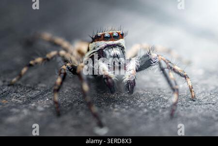 Petite araignée sautante marchant sur une surface texturée, montrant son corps détaillé, ses jambes velues et ses grands yeux proéminents en vue macro. Photo de Thaïlande Banque D'Images