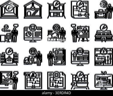Collection d'icônes d'architecture et d'ingénierie illustrant toutes les étapes du développement immobilier, des plans directeurs et de la planification de la construction à Illustration de Vecteur