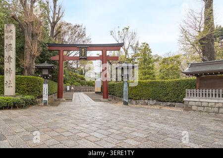 Un grand torii vermillon marque l'entrée des terrains historiques du sanctuaire Nezu à Bunkyo, Tokyo, Japon. Banque D'Images