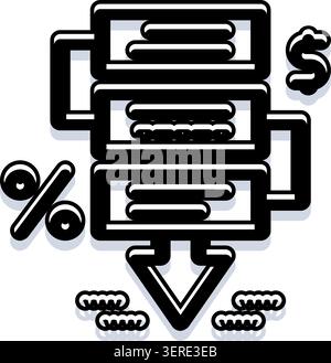 Serveurs convertissant les données en résultats financiers, montrant une baisse de valeur avec une flèche vers le bas et des symboles de devise en baisse, indiquant économique c Illustration de Vecteur