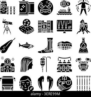 Collection de diverses icônes de glyphes illustrant différents concepts et objets, du commerce et de la technologie à la nature et aux éléments humains, adaptés pour Illustration de Vecteur