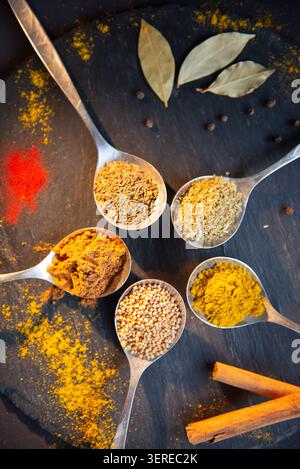 Épices culinaires sur fond noir : curry, cannelle, laurier, moutarde, poivre noir. Banque D'Images