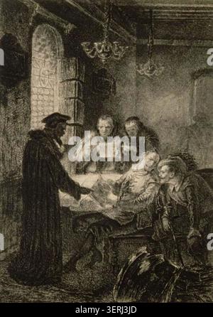 Gutenberg se tient dans son atelier dans une pose de profil pleine longueur dans une représentation illustrée par Flameng E., présentant l'inventeur engagé dans l'atelier d'impression environnement associé aux débuts de l'histoire de l'impression. Banque D'Images