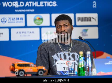 Doha, Qatar. 18 juin 2026. Le joueur de haies américain Cordell Tinch assiste à une conférence de presse avant la réunion d'athlétisme de la Doha Diamond League à Doha. La réunion de la Doha Diamond League est prévue pour le 19 juin 2026. Crédit : SOPA images Limited/Alamy Live News Banque D'Images