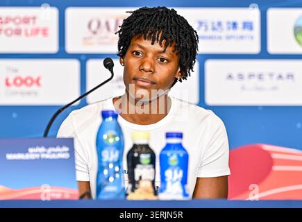 Doha, Qatar. 18 juin 2026. La sprinteuse dominicaine Marileidy Paulino, assiste à une conférence de presse avant la réunion d'athlétisme de la Doha Diamond League à Doha. La réunion de la Doha Diamond League est prévue pour le 19 juin 2026. Crédit : SOPA images Limited/Alamy Live News Banque D'Images