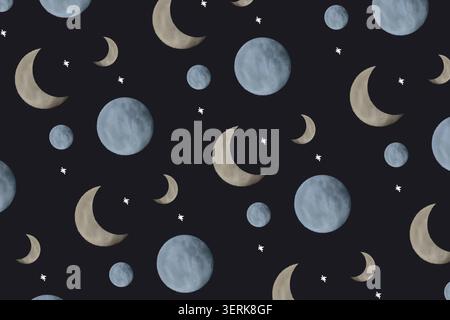 Motif transparent de ciel nocturne mystique avec des lunes pleines croissant de lunes et des étoiles sur fond sombre Banque D'Images