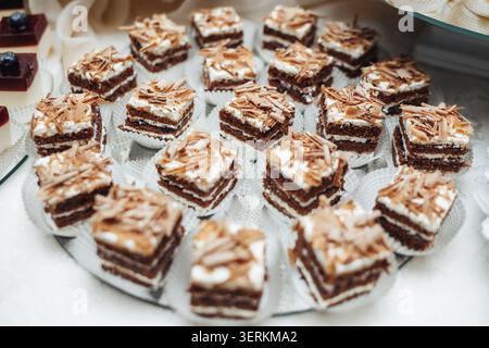 Carrés de chocolat délicats nappés de crème fouettée et de noix. Chaque pièce a une texture en couches et des copeaux dorés. Ils reposent sur une portion blanche et propre Banque D'Images