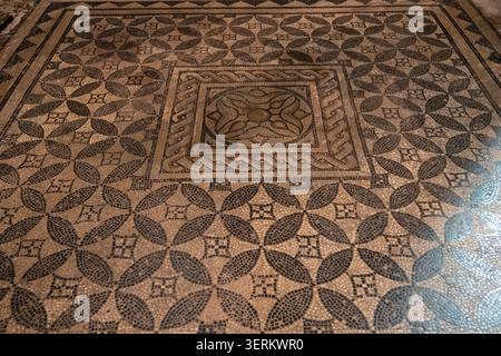 Sol en mosaïque géométrique avec des motifs circulaires et floraux en petits carreaux de pierre à l'intérieur de la cathédrale notre-Dame de Reims, Reims, Grand est, France. Banque D'Images