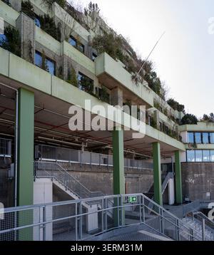 Vue extérieure du bunker St Pauli réaménagé à Hambourg, avec terrasses en béton, colonnes vertes et végétation sur le toit. Banque D'Images