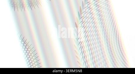 Un design abstrait mettant en valeur un effet holographique et irisé avec des structures géométriques répétitives et des stries lumineuses sur un fond blanc propre. Banque D'Images