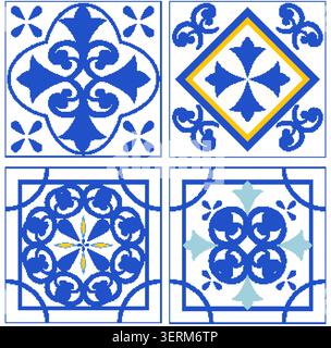 Quatre illustrations vectorielles carrées de carreaux de céramique méditerranéens traditionnels avec des motifs floraux et géométriques bleus. Illustration de Vecteur