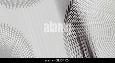Une composition d'art numérique abstraite présentant des motifs radiaux complexes, des textures pointues et des dégradés de niveaux de gris fluides. Banque D'Images