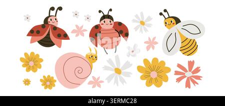 Mignon Ladybug et abeille, vecteur d'escargot dans le style plat de dessin animé. Bébé coccinelle et abeille avec des fleurs. Bug rouge et insecte mignon ensemble dans un style enfantin. CAN u Illustration de Vecteur
