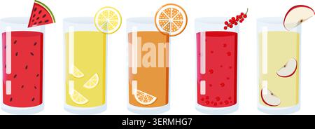 Ensemble de cinq grands verres avec des jus de fruits colorés, y compris la pastèque, le citron, l'orange, la baie et la pomme, chacune décorée de tranches de fruits assorties Illustration de Vecteur