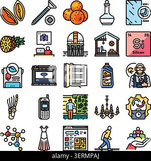 Collection d'icônes en lignes épurées représentant l'industrie, la science, la technologie, la nature et les objets du quotidien, illustrant l'innovation, la recherche, l'ingénierie Illustration de Vecteur