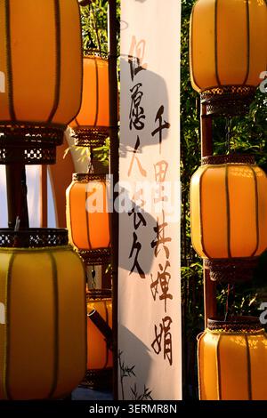 Lanternes chinoises oranges avec bannière d'écriture chinoise Banque D'Images