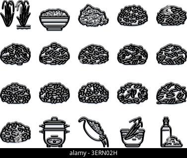 Grains de riz, plantes et éléments de cuisson collection d'icônes vectorielles illustrant le voyage du champ au repas, idéal pour la nourriture, l'agriculture et les nutrites Illustration de Vecteur