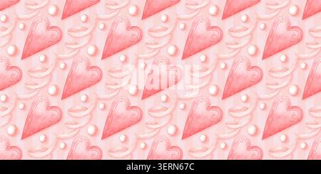 Coeurs roses, rubans et perles de perle motif sans couture diagonale sur fond plaid rose. Aquarelle design romantique pour cartes de Saint-Valentin, emballage cadeau, fa Banque D'Images