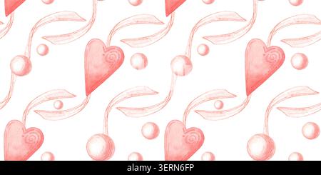 Coeurs roses, rubans et perles de perle motif sans couture diagonale isolé du fond. Aquarelle design romantique pour cartes de Saint-Valentin, emballage cadeau, fa Banque D'Images