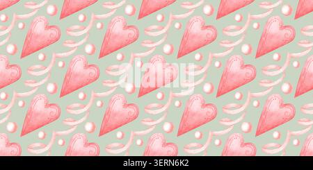 Coeurs roses, rubans et perles de perles motif sans couture sur fond de menthe. Aquarelle design romantique pour cartes de Saint-Valentin, emballage cadeau, tissu, papeterie Banque D'Images