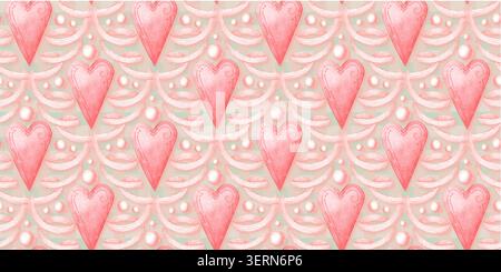Coeurs roses, rubans et perles de perles motif sans couture sur fond de menthe et de plaid rose. Aquarelle design romantique pour cartes de Saint-Valentin, emballage cadeau, fa Banque D'Images