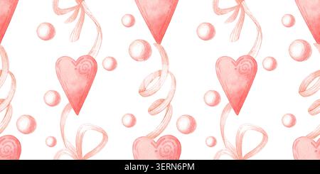 Coeurs roses, rubans et perles de perle motif sans couture vertical rayé isolé du fond. Aquarelle design romantique pour les cartes de Saint-Valentin, cadeau w Banque D'Images