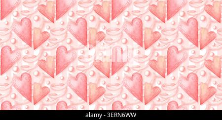 Coeurs roses, rubans et perles de perles motif sans couture sur fond blanc et rose à carreaux. Aquarelle design romantique pour les cartes de Saint-Valentin, emballage cadeau, f Banque D'Images