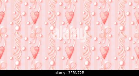 Coeurs roses, rubans et perles de perles motif vertical sans couture sur fond plaid rose. Aquarelle design romantique pour cartes de Saint-Valentin, emballage cadeau, fa Banque D'Images