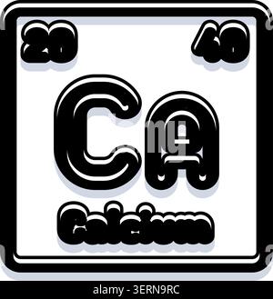 Icône d'élément calcium présentant le numéro atomique 20 et la masse atomique 40 avec le symbole chimique CA et le nom écrit ci-dessous, utile pour l'éducation et Illustration de Vecteur