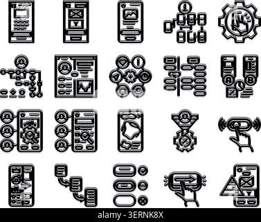 Collection d'icônes monochromes illustrant diverses étapes et éléments de l'expérience utilisateur, de l'interface utilisateur et du développement global d'applications Illustration de Vecteur