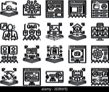 Collection d'icônes de ligne illustrant des concepts liés aux événements en ligne, conférences virtuelles, webinaires, streaming en direct, communication numérique, et net Illustration de Vecteur