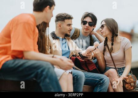 Étudiants bavardant à l'extérieur sur un banc de campus, amis partageant un moment de détente Banque D'Images