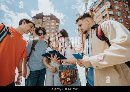Groupe d'étudiants étudiant ensemble à l'extérieur sur un campus urbain avec des sacs à dos et des livres Banque D'Images