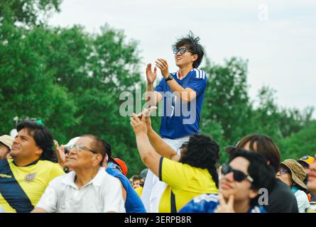 Jeune homme en lunettes de soleil acclamant dans une foule Banque D'Images