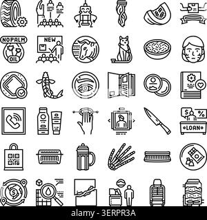 Ensemble diversifié d'icônes d'art au trait minimalistes représentant divers concepts d'affaires, des objets quotidiens, de la nourriture, des animaux et des activités humaines, idéal pour le web des Illustration de Vecteur