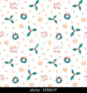 Motif aquarelle de Noël sans couture avec des feuilles de houx, des couronnes, des baies, des étoiles et des perles. Fond Noël festif dessiné à la main Banque D'Images