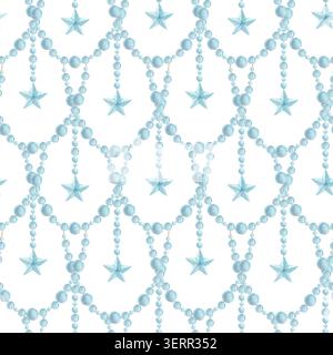 Motif aquarelle sans couture avec guirlandes de perles bleues et étoiles suspendues. Fond pastel festif dessiné à la main avec des perles Banque D'Images