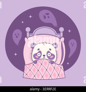Peur, cauchemar. Mignon Panda Bear ayant Un cauchemar dans le lit avec des fantômes la nuit. Effrayé Kawaii Cartoon animal caractère et insomnie. Illustration vectorielle Illustration de Vecteur