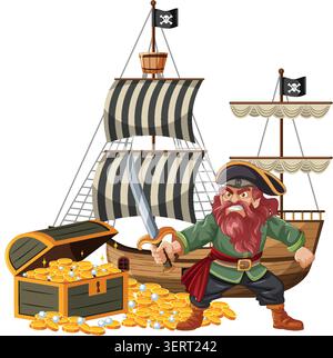 Pirate de dessin animé avec épée se tient par le coffre au trésor débordant et le navire pirate classique, style vectoriel Illustration de Vecteur