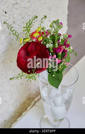 Petit bouquet avec fleur de ranoncule rouge dans un vase en verre contre un mur. Banque D'Images
