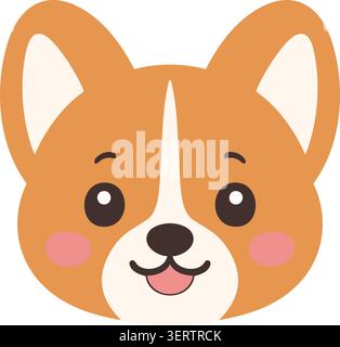 Illustration plate d'un visage de chien Corgi avec de grandes oreilles droites blanches à rayures centrales, joues roses et un sourire heureux Illustration de Vecteur