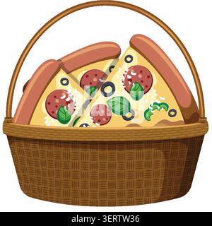 Illustration vectorielle plate de tranches de pizza pepperoni à l'intérieur d'un panier de pique-nique en osier tissé. Illustration de Vecteur